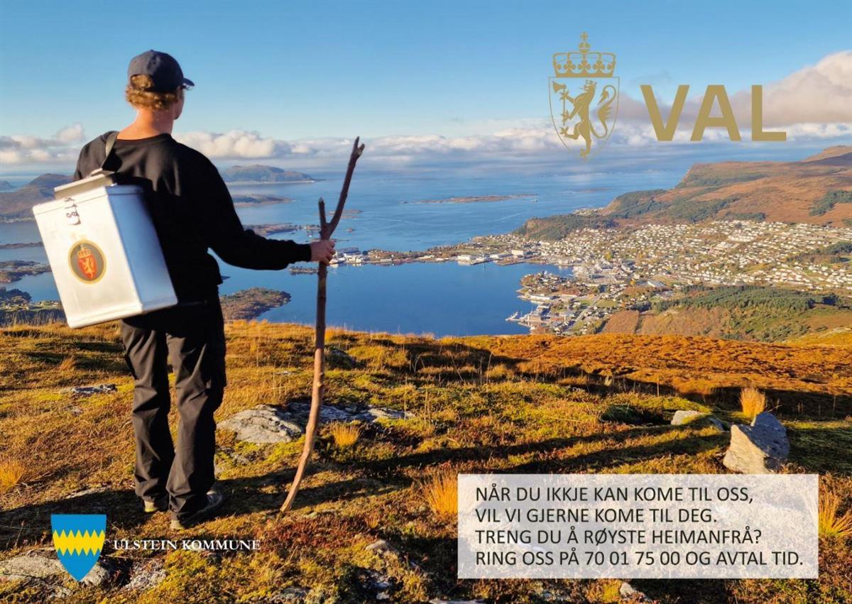 Ambulerande reklame frå Hasundhornet med utsikt mot Ulsteinvik. - Klikk for stort bilete