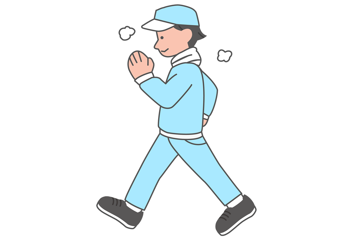 Illustrasjon av mann i blå joggedress og cap som er ute og går. - Klikk for stort bilete